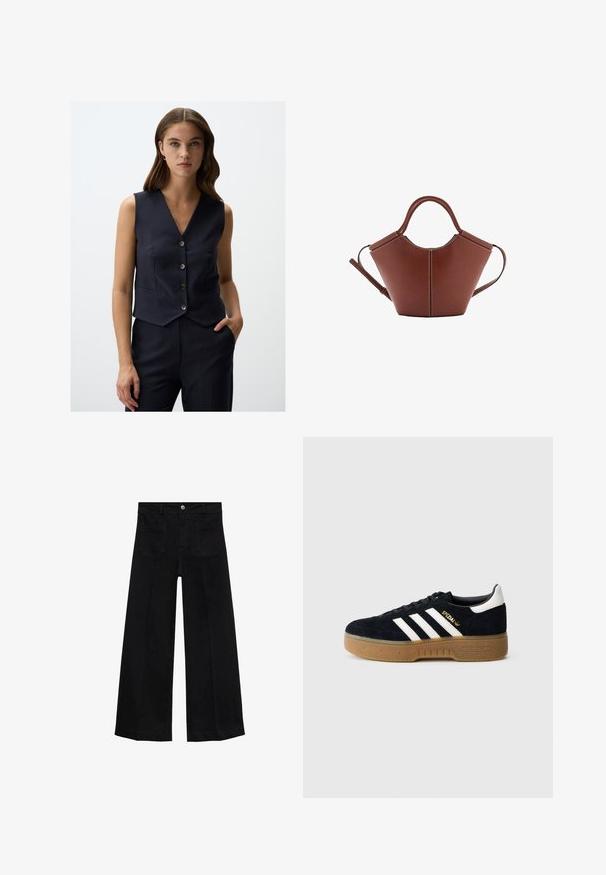 Marineblauw gestreepte gilet met een V-halslijn, een sluiting met vijf knopen aan de voorkant en een getailleerd ontwerp. Klepzakken aan elke kant. Glad textuur.; Gestreept T-shirt van katoen met marineblauw en witte horizontale strepen, voorzien van een ronde halslijn en korte mouwen. Glad van textuur.; Zwarte denim broek met wijde pijpen, hoge taille, voorzakken, ceintuurlussen en knoopsluiting.; Zwarte suède sneaker met witte drie strepen en gouden merktekens. Gele zool met gestructureerde grip. Klassiek laag model, afgeronde neus.; Bruine leren handtas met een conische vorm, stevige handvatten en contrasterende witte stiksels. Heeft een afneembare schouderband voor veelzijdigheid.