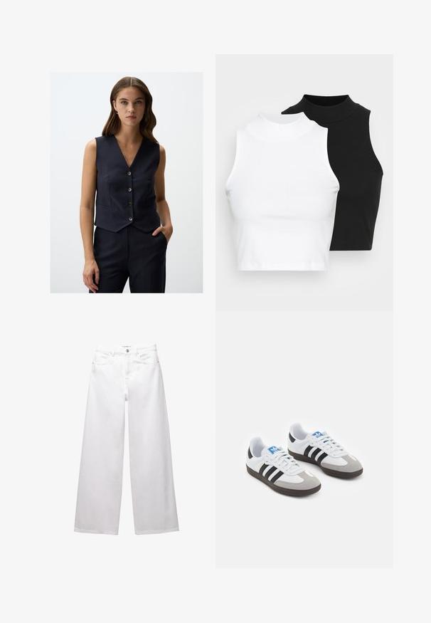 Gilet a righe blu navy con scollo a V, chiusura frontale a cinque bottoni e design attillato. Tasche a pattina su entrambi i lati. Tessuto liscio.; Due top in maglia senza maniche, a collo alto, in nero e bianco, con un design aderente e una superficie liscia, di lunghezza cropped.; Jeans bianchi a gamba larga realizzati in denim. Presentano chiusura con bottone, tasche anteriori e posteriori, e cuciture rinforzate. Tessuto liscio con dettagli minimi.; Scarpe sportive con tomaia in pelle bianca, punta in suede grigia e tre strisce nere. Presentano un logo blu sulla linguetta e una suola in gomma testurizzata.