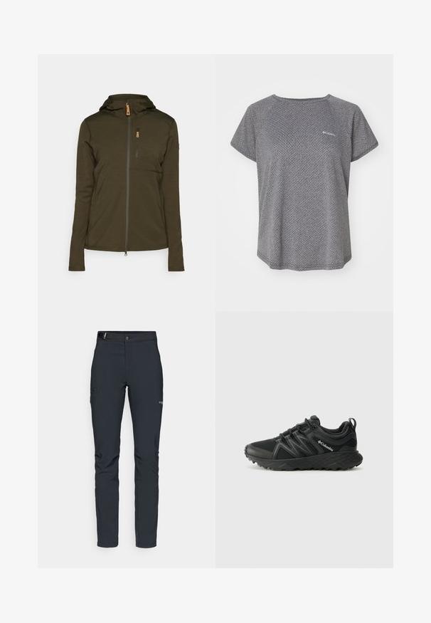 Olīvu zaļš jakas ar kapuci, ar vertikālu krūšu kabatu un gludu, teksturētu audumu. Redzami rāvējslēdzēja un šuvju akcenti.; Pelēka īsām piedurknēm krekls ar smalku teksturētu rakstu, apļveida kakla izgriezumu un Columbia logo uz krūtīm. Mīksta auduma, brīvā piegriezumā.; Vīriešu āra bikses, tumši pelēkā krāsā, izgatavotas no elastīga materiāla, ar jostu, kabatām ar rāvējslēdzēju un pastiprinātām šuvēm.; Columbia PEAKFREAK - Pārgājienu apavi - black