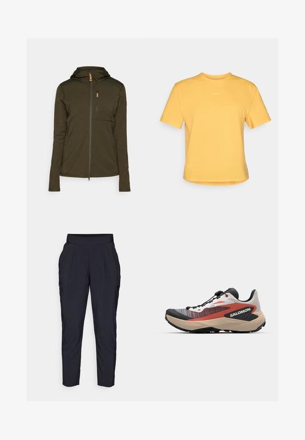 Olijfgroene zip-up jas met capuchon, featuring een verticale borstzak en een gladde, gestructureerde stof. Rits en stikselaccenten aanwezig.; Geel T-shirt met korte mouwen en een ronde hals, gemaakt van zachte stof. Bevat een subtiele logo op de borst en heeft een rechte zoom.; Zwarte taps toelopende broeken met een brede, elastische tailleband, voorplooien en zijzakken. Gemaakt van een gladde, lichtgewicht stof.; Trailrunning schoen in zwart, wit en rood. Kenmerkt zich door een gestructureerde bovenkant, een veilig vetersysteem en een robuuste buitenzool voor grip.