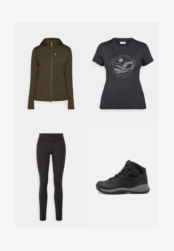 Olivovo zelená bunda na zips s kapucňou, s vertikálnou náprsné vreckom a hladkým, štruktúrovaným materiálom. Prítomné zipsové a šitie akcenty.; Čierne tričko Columbia s bielou kruhovou grafikou hory a rieky a textom "Columbia Sportswear Company vonku od roku 1938."; Čierne legíny s vysokým pásom, so šnúrkou na stiahnutie, hladkou textúrou a priliehavým strihom. Obsahujú švy po stranách.; Čierna turistická obuv s polovičným strihom, s textúrovaným zvrškom, šedými akcentmi a odolnou gumovou podrážkou s protišmykovými hrebienkami.