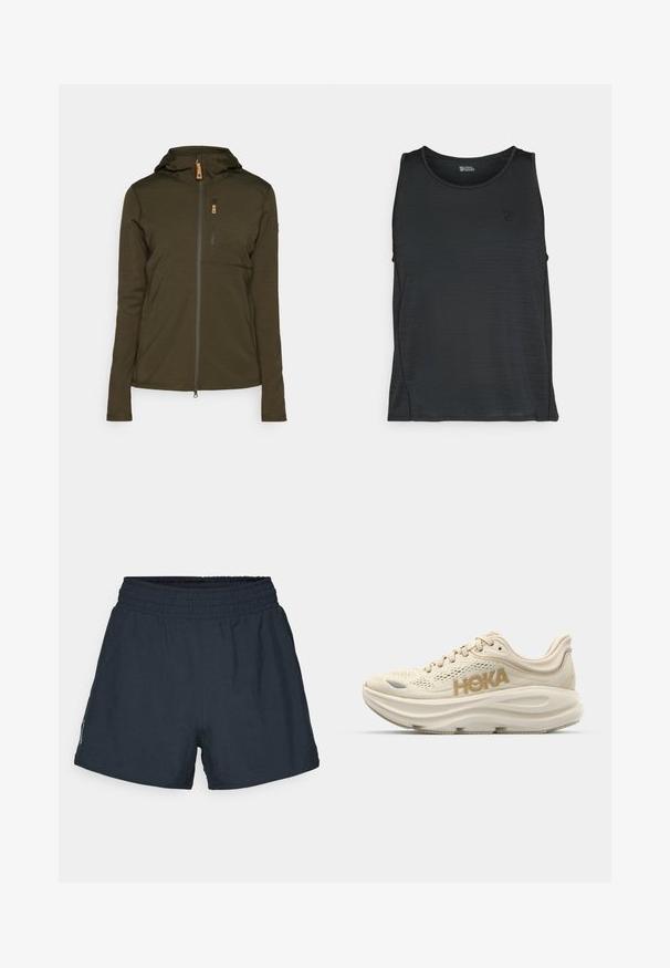 Olivengrønn zip-up jakke med hette, med en vertikal brystlomme og glatt, teksturert stoff. Glidelås og stikninger som detaljer.; Svart ermeless tanktopp laget av glatt stoff med en subtil tekstur, med rund hals og en liten logo på brystet.; Mørk marineblå treningsshorts laget av lett stoff. Elastisk midjebånd, løs passform, og ingen synlige lommer eller mønstre.; Lysbeige løpesko med mesh-overdel, polstret krage, fremtredende "HOKA"-logo i gull, og tykk, polstret såle for komfort.