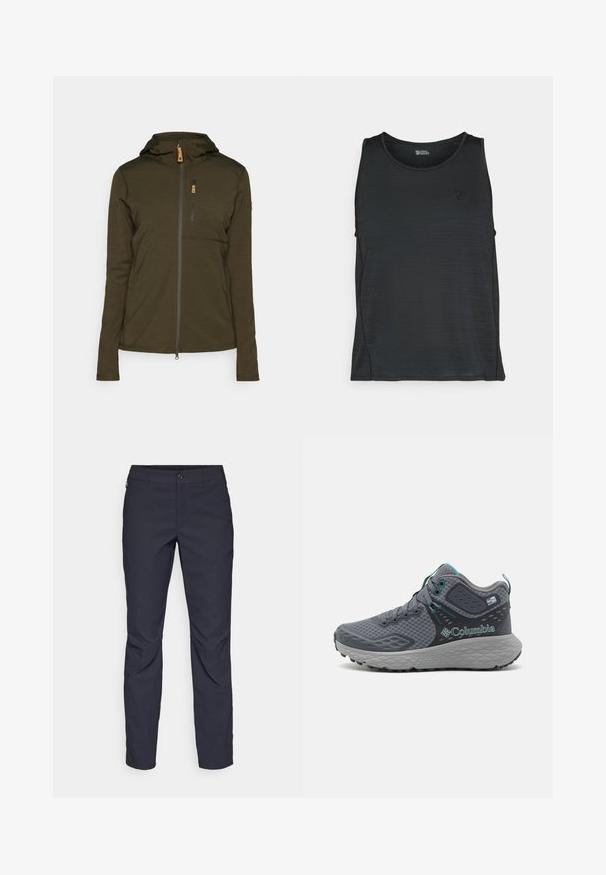 Oliivroheline kapuutsiga tõmblukuga jakk, millel on vertikaalne rinna-tasku ja sile, tekstuuriga kangas. Tõmblukk ja õmbluste aktsendid on kohal.; Musta ilma varrukatega T-särk, mis on valmistatud siledast kangast, millel on õrn tekstuur, ringja kaelusega ja väikese logoga rinnal.; Tumedat sinised püksid sujuva kangaga, millel on esiääre nuppude sulgemine, kitsas lõige ja volditud detailid põlvede piirkonnas.; Hallid Columbia matkajalanõud halli värviga, millel on võrgusilmast ülemine osa, tekstureeritud detailid, türkiissinised aktsendid ja robustne kummist tallaga, mis tagab haarduvuse.