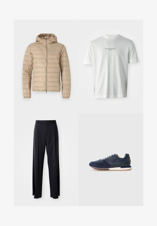 Bež jakna s kapuljačom, pravocrtni dizajn, pun zatvarač i logo na prsima. Glatka, lagana tkanina.; Bijela majica kratkih rukava s logotipom "EMPORIO ARMANI MILANO" u središtu prsnog dijela, u suptilnom reljefnom tisku.; Crne, hlače visokog struka s širokim nogavicama, izrađene od glatkog materijala. Sadrže prednje nabore i petlje za remen. Minimalistički dizajn, bez vidljivih metalnih dijelova.; Mornarski plavi nubuk i kožne tenisice s bijelim vezicama, teksturiranom potplatom i smeškim akcentom na stražnjem delu s detaljem loga.