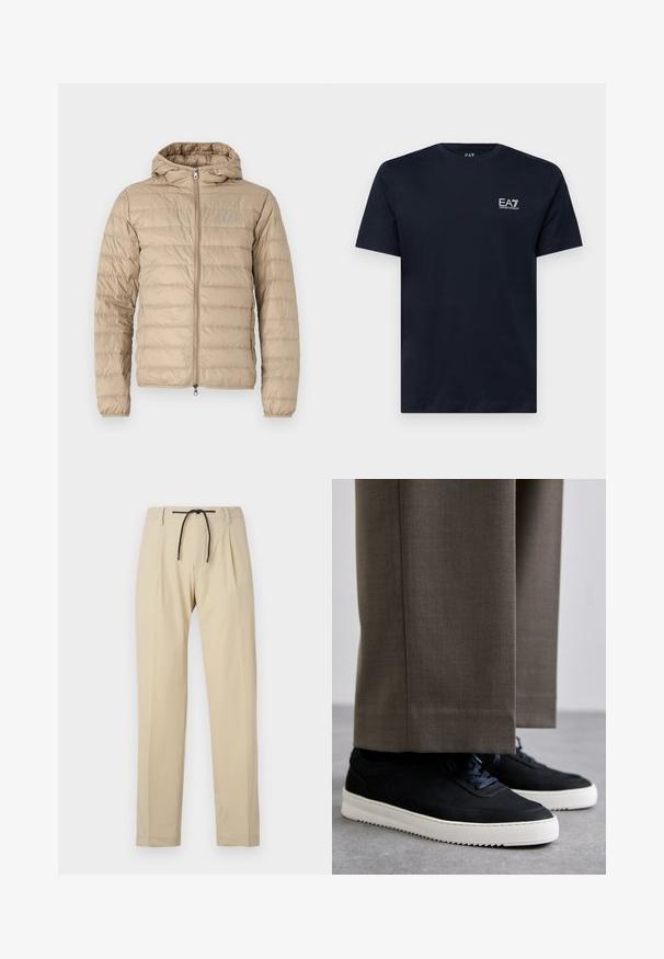 Beige pufferjakke med hette, quiltet design, hel glidelås og logo på brystet. Glatt, lett stoff.; Mørkeblå bomulls t-skjorte med korte ermer, rund hals og en liten hvit brodert logo på venstre bryst. Glatt tekstur.; Beige bukser med lige pasform, som har snørelukking i livet, plisseret foran og en glat tekstur. Enkel, alsidig design.; Svarte suedeglans sneakers med hvite gummisåler, med rund tå og lisser, iført grå skreddersydde bukser.