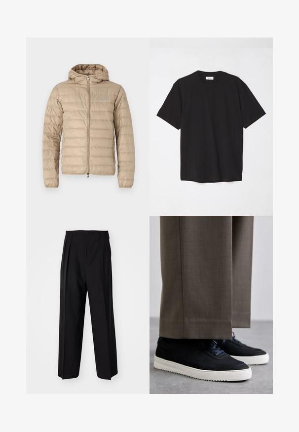 Bež jakna s kapuljačom, pravocrtni dizajn, pun zatvarač i logo na prsima. Glatka, lagana tkanina.; Crna pamučna majica sa okruglim izrezom, kratkim rukavima i opuštenim krojem. Jednostavan dizajn, glatka tekstura i bez vidljivih uzoraka ili logotipa.; Crne plisirane hlače s ravnim širokim nogavicama. Izrađene od glatkog materijala, s dugmadi za zatvaranje i petljama za remen.; Crne nubuk tenisice s bijelim gumenim potplatima, s zaobljenim vrhom i vezicama, uparene s sivim krojenim hlačama.