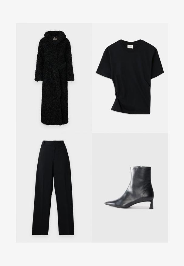 Μαύρη κουκούλα με καπέλο φτιαγμένη από υφασμάτινη, αφράτη υφή. Διαθέτει μακριά μανίκια και ζώνη στη μέση. Σχεδίαση πλήρους μήκους για ζεστασιά.; Μαύρη μπλούζα φτιαγμένη από μαλακό βαμβάκι, με στρογγυλή λαιμόκοψη, κοντά μανίκια και ελαφρώς στριμμένη σχεδίαση για χαλαρή εφαρμογή.; Μαύρο παντελόνι υψηλής μέσης με φαρδιά πόδια, κουμπί και φερμουάρ, τρύπες ζώνης και καθαρό, λείο φινίρισμα υφάσματος.; Μαύρη δερμάτινη μπότες αστραγάλου με μυτερή μύτη και κομψό σχέδιο. Διαθέτει χαμηλό τακούνι και φερμουάρ στο πίσω μέρος. Λείο υφή.