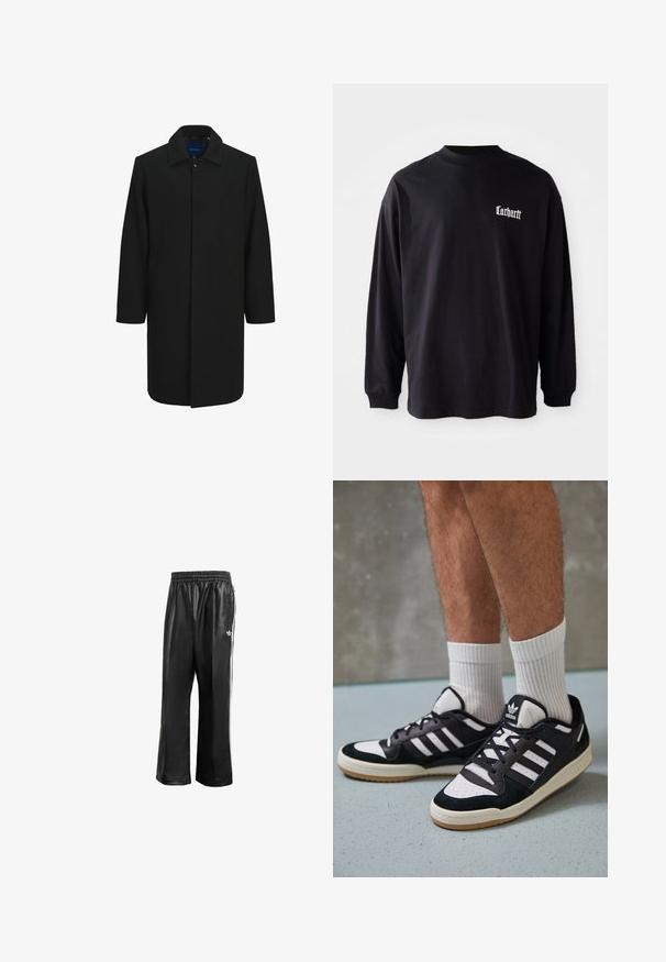 Fekete gyapjúkabát egyenes szabással, gombos záródással, nagy gallérral és két oldalsó zsebbel. Sima textúra és minimalista dizájn.; Fekete hosszú ujjú pamut póló, kerek nyakkal és kis fehér logóval a bal mellen. Puha tapintású, laza szabású.; Fekete szintetikus tréningnadrág elasztikus derékkal, fehér oldalcsíkokkal és egy kis fehér logóval a bal csípőn.; Fekete-fehér tornacipők velúr és bőr felsőrésszel, három fehér csíkkal, perforált orral és gumi talppal.