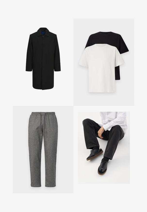 Svart ullkåpe med rett snitt, knappelukking, stor krage og to sidelommer. Glatt tekstur og minimalistisk design.; Sett med bomull t-skjorter bestående av en svart topp og en hvit topp, begge med korte ermer, rund hals og standard passform. Teksturet stoff.; Grå, strikkede joggebukser med snor i midjen, smale ben og et subtilt teksturmønster i stoffet.; Svarte joggesko med en glatt og teksturert overflate, med gummisåle og mørke snører. Kombinert med svarte jeans og en hvit stripet skjorte.