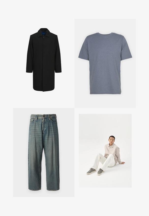 Crni vuneni kaput ravnog kroja, s kopčanjem na gumbe, velikim ovratnikom i dva bočna džepa. Glatka tekstura i minimalistički dizajn.; Siva majica s kratkim rukavima u kroju s okruglim izrezom, izrađena od mekane mješavine pamuka. Jednostavan dizajn, bez uzoraka ili naglasaka.; Svijetloplave traperice s širokim krojem, srednjim pojasom i ravnim nogavicama. Ima pet džepova, petlje za remen i kopčanje na gumb.; Bež košulja na dugih rukava, bijele hlače i sive tenisice. Košulja ima slobodan kroj, a tenisice imaju teksturiranu površinu i vezice.
