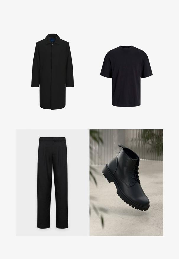 Črn volnen plašč s ravnim krojem, z gumbi, velikim ovratnikom in dvema stranskima žepe. Gladka tekstura in minimalističen dizajn.; Črna bombažna majica s krojačkom izrezom, kratkimi rokavi in sproščenim krojem. Gladka tekstura in brez vidnih vzorcev ali poudarkov.; Črne hlače iz gladkega materiala, s krojem ravne noge, dvema sprednjima pregiboma in standardnim pasom z zankami za pas.; Črne usnjene gležnjarje z zaobljenim nosom, s vezalkami in trdim gumijastim podplatom. Gladka tekstura z zanko na hrbtni strani.