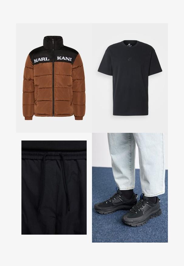 Brun puffjacka med svart övre del. Har hög krage, frontdragkedja, vit logotyptext och quiltad vaddering.; Svart t-shirt i bomull från Nike med klassisk rund halsringning, korta ärmar och en diskret, präglad logotyp på bröstet. Slät textur.; Svarta shorts med dragsko i midjan, lättviktig tyg med en slät yta och en enkel design utan synliga logotyper eller mönster.; Svarta sportskor med texturerat tyg och gummisulor, med elastiska snörningar och en blå detalj på hälen. Bärs med ljusa jeans.