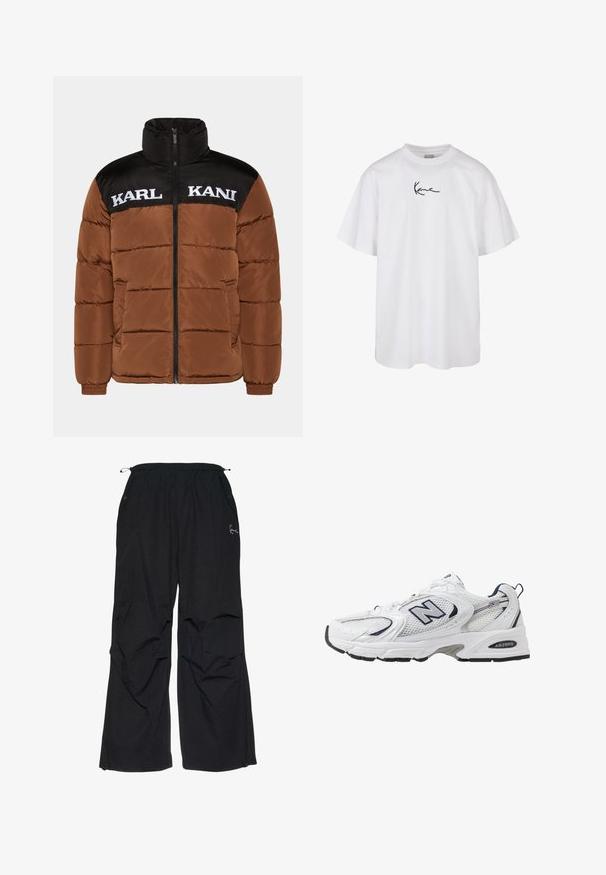 Rjava pihasta jakna s črnim zgornjim delom. Ima visok ovratnik, sprednje zadrgo, belo besedilo logotipa in prešito oblazinjenje.; Bela bombažna majica z okroglo izreznico in kratkimi rokavi, s črnim vezenim logotipom, ki je osredotočen na prsih.; Črne, ohlapne hlače z elastičnim pasom, dvema stranskima žepekoma in diskretno vezenim logotipom spredaj. Lahka tkanina.; Bele športne copate z mrežasto zgornjimi deli, mornarskimi naglasnimi barvami in oblazinjeno podplatom. Vključujejo logotip "N", vezalke in teksturirane detajle na strani.