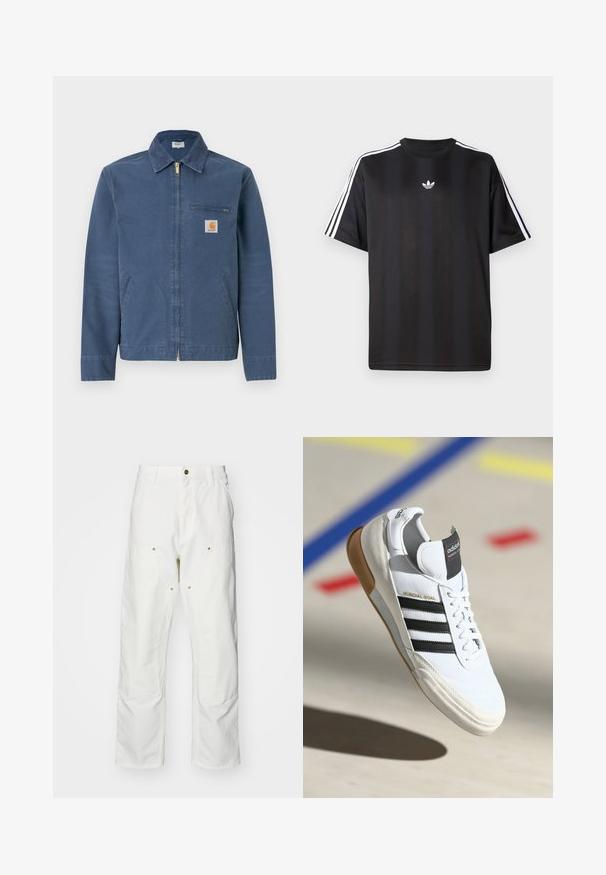 Mėlynas drobės su užtrauktuku džemperis su apykakle, priekinėmis kišenėmis ir krūtine esančia kišene su prekės ženklo logotipo aplikacija. Auksinis užtrauktuko detalės akcentas.; Juodas trumpomis rankovėmis marškinėliai su balta trimis juostelėmis ant pečių ir mažai balta logotipo krūtinėje. Lygus audinio tekstūra.; Balti medvilniniai kargo džinsai su laisvu siluetu. Ypatybės apima priekines kišenes, auksinius apdailos elementus ir sustiprintas kelio dalis.; Balti Adidas Mundial Goal sportiniai batai su juodomis juostelėmis ir guminiu padu, pavaizduoti ore virš sporto aikštelės grindų su spalvotomis linijomis.