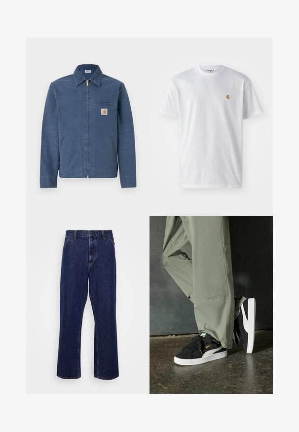 Blå lerretsjakke med glidelås, krage, frontlommer og en brystlomme med merke-logo-lapp. Gull glidelåsdetalj.; Hvit bomull t-skjorte med korte ermer, rund hals, med en liten gulllogo på venstre brystområde. Myk tekstur og vanlig passform.; Mørkeblå denimjeans med straight-leg design, som har knappelukking, femlommesstil og subtile sømdetaljer.; Sorte semskede sneakers med hvite gummisåler og sidestiper, sammen med lysegrønne cargo-bukser, står på en teksturert mørk overflate.