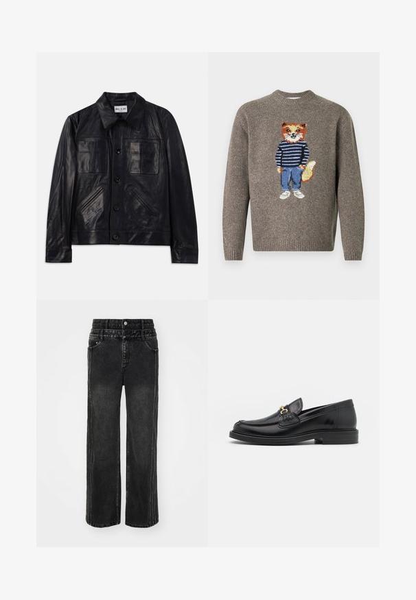 Zwarte leren button-up jas met puntige kraag, twee borstzakken en twee diagonale zijzakken.; Bruine gebreide trui met een vos die een gestreepte trui, blauwe spijkerbroek en witte schoenen draagt, geborduurd op de voorkant.; Wijde zwarte denim jeans met een vervaagde afwerking, voorzien van een knoopsluiting, vijf zakken en contrasterende stiksels langs de zijkanten.; Zwarte leren instappers met een ronde neus, voorzien van een gouden hardware accent en stikdetails, geplaatst op een lage, getextureerde rubberen zool.