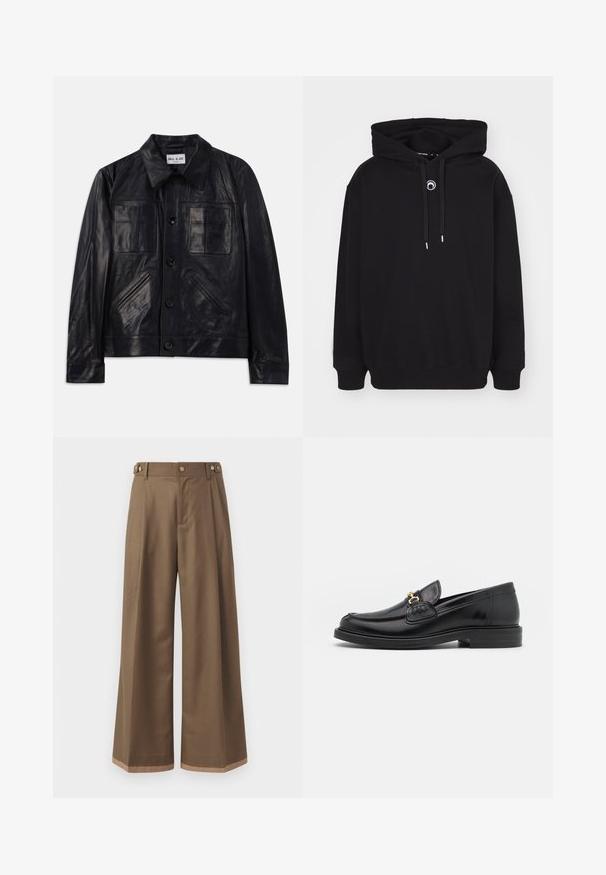 Veste en cuir noir à boutons avec col pointu, deux poches poitrine et deux poches latérales diagonales.; Sweat-shirt noir avec capuche, équipé d'un cordon de serrage à l'avant, de poignets et d'un ourlet côtelés, et d'un petit détail circulaire brodé sur la poitrine.; Pantalons à larges jambes en tissu marron foncé, avec deux poches latérales, deux boutons décoratifs à l'avant et un détail de ourlet contrastant.; Mocassins en cuir noir avec un embout rond, présentant des accents en métal doré et des détails de couture, montés sur une semelle en caoutchouc texturé et basse.