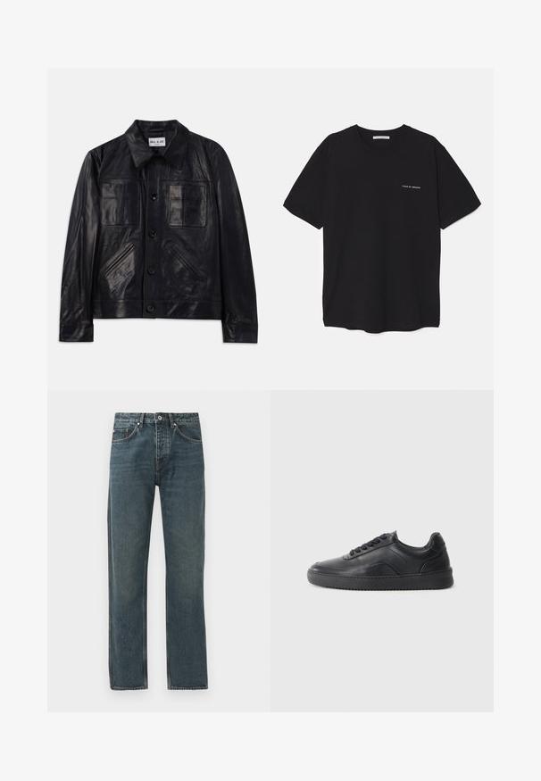 Zwarte leren button-up jas met puntige kraag, twee borstzakken en twee diagonale zijzakken.; Zwarte katoenen T-shirt met een ronde hals, korte mouwen en een witte logo-print op de linkerkant van de borst. Eenvoudig, effen kleur ontwerp.; Donkerblauwe denim jeans met een rechte pijp, voorzien van vijf zakken, een knoopsluiting en contrasterende stiksels.; Zwarte leren sneaker met een gladde afwerking, ronde neus, textuurpaneel aan de zijkant en zwarte veters. Voorzien van een platte rubberen zool en een minimalistisch ontwerp.