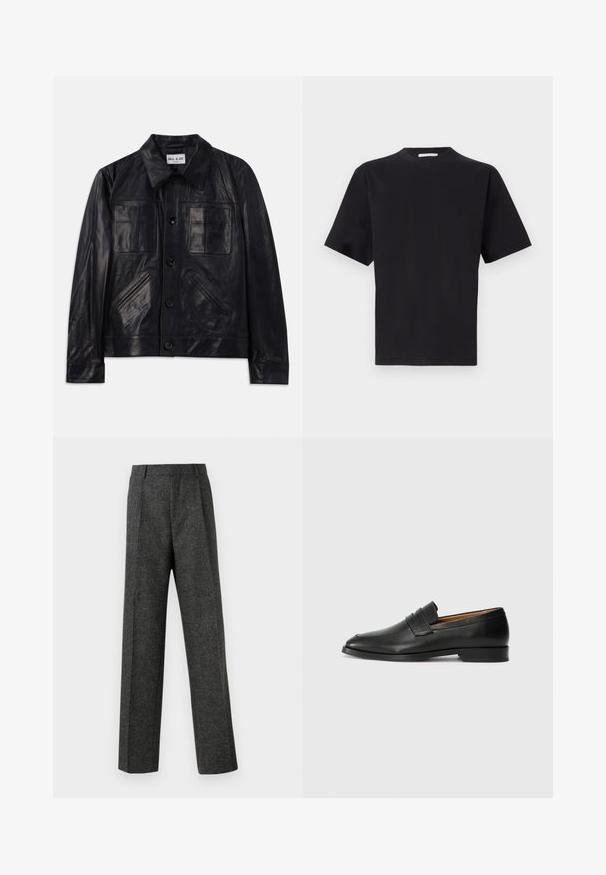Schwarze Lederjacke mit Knopfleiste, spitzem Kragen, zwei aufgesetzten Brusttaschen und zwei diagonalen Seitentaschen.; Schwarzes Kurzarm-T-Shirt, Rundhalsausschnitt, aus glattem Baumwollstoff. Einfaches Design ohne sichtbare Muster oder Akzente.; Graue maßgeschneiderte Hose aus strukturiertem Stoff, mit zwei vorderen Falten und geradem Bein. Keine sichtbaren Taschen oder Verzierungen.; Schwarze Leder-Slipper mit runder Zehenform, dezenten gestickten Details und niedrigem Absatz, ausgestattet mit glatter Textur und minimalistischem Design.
