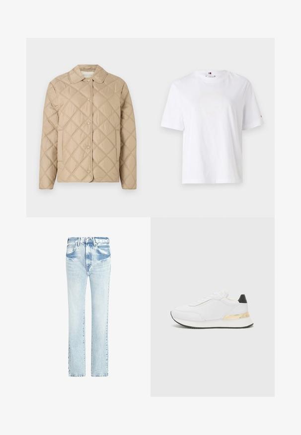 Beige steppelt dzseki gyémántmintával, kerek gallérral, patentos záródással és hosszú ujjal. Simás текстúra és könnyű megjelenés.; Fehér pamut póló, kerek nyakkivágással, rövid ujjakkal és diszkrét sárga logóval, amelyen a felirat "HILFIGER NEW YORK 1985" szerepel. Normál szabású.; Világoskék farmernadrág egyenes lábakkal, öt zsebbel és elhalványult textúrával. Látható varrásokkal és klasszikus gombos záródással rendelkezik.; Fehér sneakers sima felülettel, fekete sarok kiemeléssel és arany fém részlettel a talp középső részén. Fűzős kialakítás, gumitalp.