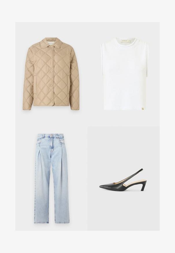Jachetă bej matlasată cu model în diamant, guler rotund, închidere cu nasturi prin apăsare și mâneci lungi. Textură netedă și aspect ușor.; Top alb fără mâneci, din tricot, cu guler rotund, tiv cu nervuri și detalii cu cusături pe laterale; are o etichetă mică cu brandul la margine.; Jeans din denim albastru deschis cu talie înaltă, croială evazată, două buzunare laterale și un design pliat. Textură moale cu un finisaj decolorat.; Pantof cu toc mic, cu vârf ascuțit și slingback, realizat din piele netedă, având un design decupat pe lateral pentru respirabilitate.