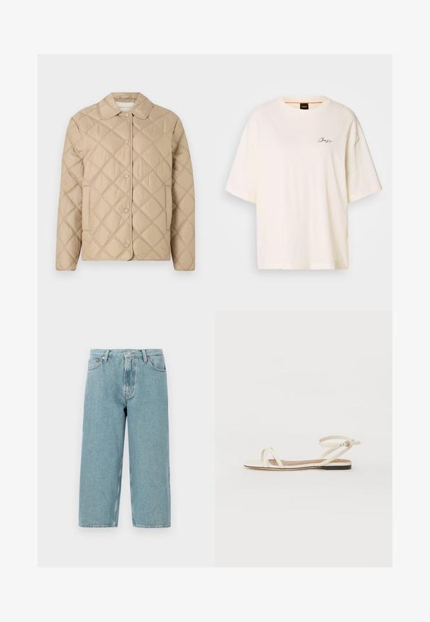 Bežani jakna s ušivenim dijamantnim uzorkom, zaobljenim ovratnikom, zatvaranjem na kopčanje i dugim rukavima. Glatka tekstura i lagani izgled.; Bijela oversized majica od mekog materijala, s okruglim izrezom i kratkim rukavima, s malim crnim "Boss" logom na prednjoj strani.; Svijetloplave traper šortse s visokim strukom, ravnog kroja i neuređenim rubom. Imaju klasično kopčanje na gumb i rajsferšlus, te četiri džepa.; Ravne sandale od krem kože s tankim križnim trakama, trakom oko gležnja s kopčom, minimalistički dizajn i kontrastna crna potplat.