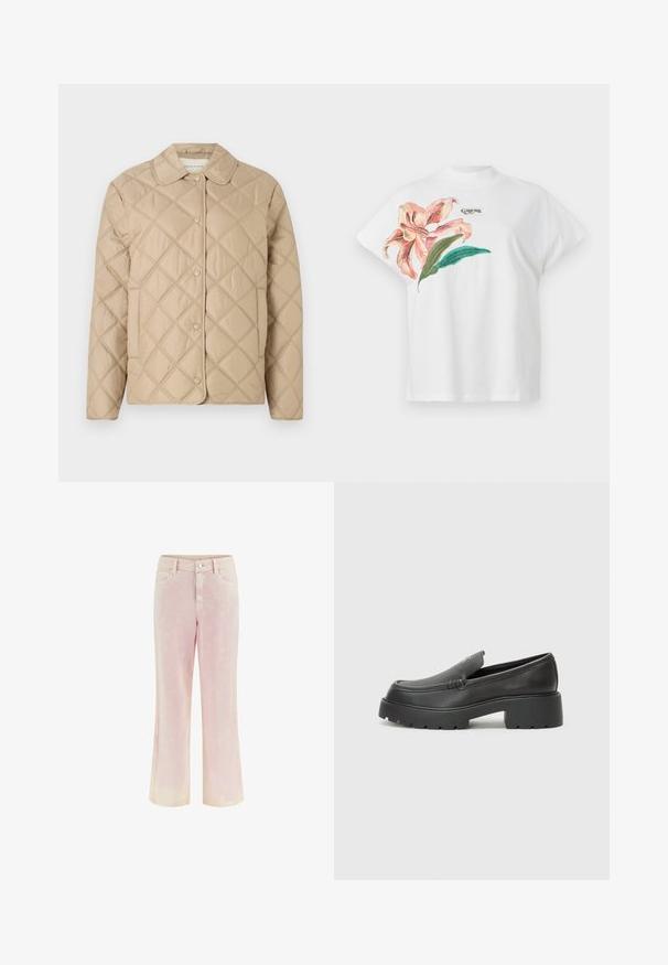 Beez värvi tikitud jakk, millel on narmaste muster, ümar kaelus, nupulukuga kinnitus ja pikad varrukad. Sile tekstuur ja kerge välimus.; Valge puuvillane T-särk lühikeste varrukatega, millel on vasakul küljel roosa lillemuster ja rohelised lehed. Üle disaini on hall "Guess" logo.; Heledad roosad flare-teksad, mis on valmistatud denimist ja millel on peenelt kulunud tekstuur. Omab viit taskut ja esist nööbikinnitust.; Mustad nahast loafers ümarate varvastega, paksu tekstuuriga tald ja minimaalsete õmbluse detailidega. Viimistletud disain, kus pole nähtavaid paelu ega riistu.