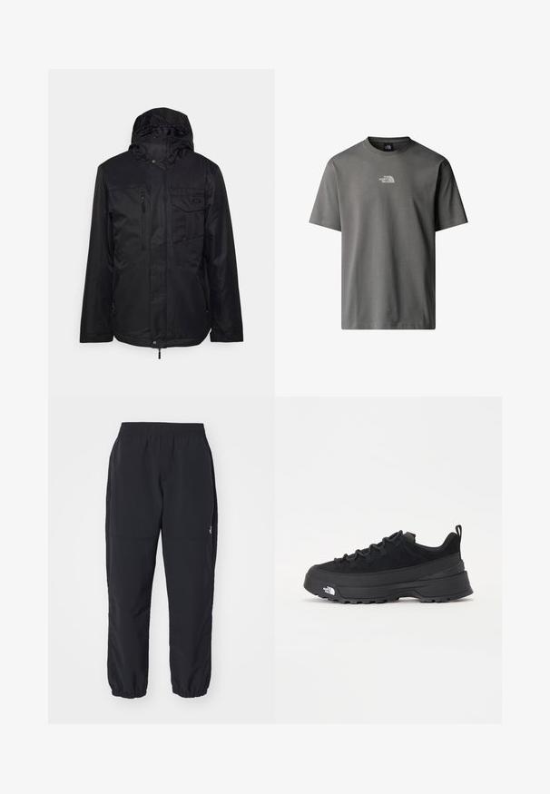 Schwarze, isolierte Jacke mit Kapuze, Frontreißverschluss und mehreren Taschen. Verfügt über eine glatte Textur und ein minimalistisches Design.; Graues T-Shirt mit kurzen Ärmeln aus Baumwolle und Rundhalsausschnitt. Mit kleinem weißen Logo auf der Brust, glatter Textur und lässiger Passform.; Schwarze, leichte Hosen mit einem elastischen Bund, gerafften Bündchen und einer glatten Textur. Mit einer dezenten Seitentasche am rechten Bein.; Schwarzer Outdoorsneaker mit einem Obermaterial aus Wildleder, strukturierter Gummisohle und robustem Schnürsystem. Verfügt über eine verstärkte Ferse und das Markenlogo an der Seite.