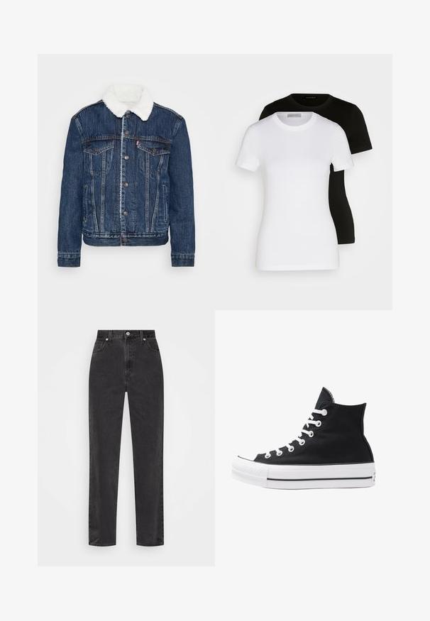 Denimjack in donkerblauw met een witte fleece kraag, twee borstzakken en klassieke knoopsluitingen. Heeft een vervaagde textuur.; Twee T-shirts met korte mouwen in zwart en wit. Gemaakt van soepel katoen, met een klassieke ronde halslijn en een normale pasvorm.; Zwarte denim jeans met rechte pijpen en hoge taille, met een knoop en rits aan de voorkant en vijf zakken, op een witte achtergrond.; Hoge zwarte canvas sneaker met witte oogjes, veters en rubberen zool. Beschikt over een gestructureerde neuskap en zwart-witte streepaccenten.