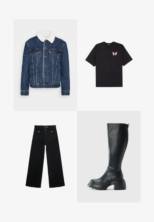 Giacca di jeans blu scuro con colletto in pile bianco, due tasche sul petto e chiusure a bottoni classiche. Presenta una texture sbiadita.; T-shirt nera in cotone con maniche corte, caratterizzata da una piccola grafica di una farfalla rosa sul lato sinistro del petto. Design a girocollo con una vestibilità rilassata.; Jeans neri a gamba larga con vita alta, dotati di due tasche frontali e dettagli in metallo sui bottoni. Il tessuto ha una texture liscia.; Stivale lungo in pelle nera con suola piatta robusta e tacco a blocco, dotato di linguetta e battistrada testurizzato sulla suola.