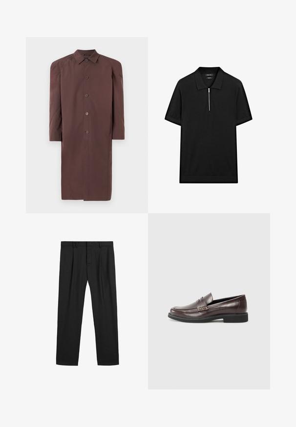 Hnědý dlouhý kabát s límcem, zapínáním na knoflíky a raglánovými rukávy. Hladká tkanina s mírným leskem a bez viditelných vzorů.; Černé polo tričko s krátkým rukávem, stojatým límečkem a předním zipem. Vyrobeno z hladké tkaniny s čistým, minimalistickým designem.; Černé plisované kalhoty vyrobené z hladkého materiálu, s tradičním pasem a rovnými nohavicemi. Žádné viditelné vzory ani kovové prvky.; Hnědé kožené mokasíny s hladkým povrchem, které mají jemný prošitý detail na svršku a černou gumovou podrážku.