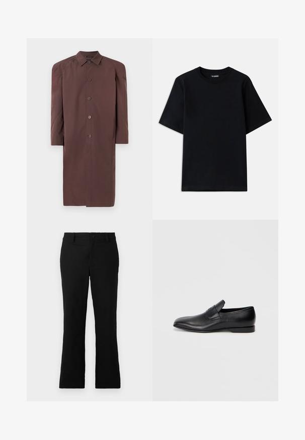 Rudas ilgas paltas su apykakle, mygtukų uždarymu ir raglan rankovėmis. Lygus audinys su vidutiniu blizgesiu ir be matomų raštų.; Juodas medvilnės marškinėliai su apykakle ir trumpomis rankovėmis. Su subtiliu logotipo siuvinėjimu kairėje krūtinės pusėje. Lygus, glotnus paviršius.; Juodos plačios kelnės, pagamintos iš medvilnės mišinio, su mygtukų uždarymu, diržo kilpomis ir lygia tekstūra be matomų raštų.; Juodos odinės slip-on tipo bateliai su smailiu pirštu, lygia tekstūra ir subtiliu ženklinimu šone. Žemas kulnas su tvarkingu, minimalistiniu dizainu.