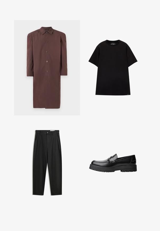 Palton lung maro cu guler, închidere cu nasturi și mâneci raglan. Țesătură netedă cu o strălucire moderată și fără modele vizibile.; PULL&BEAR JOIN LIFE - Tricou basic - black; Pantaloni negri din bumbac cu croială lejeră, având un brâu clasic, plii frontale și buzunare laterale. Textură netedă fără modele.; Mocasini din piele neagră, cu talpă groasă și profilată și bandă decorativă pe partea superioară, prezentati din profil stâng pe fundal alb.