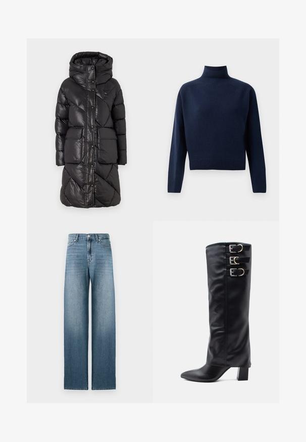 Blauer IMRIE - Cappotto invernale - nero; Maglione a girocollo blu navy a maniche lunghe con polsini, orlo e collo a coste, mostrato su uno sfondo bianco semplice.; Jeans ampi di colore azzurro chiaro realizzati in denim, con vita alta, design a cinque tasche e leggera scoloritura lungo le gambe.; Stivali neri al ginocchio in morbidissimo ecopelle con punta affusolata, caratterizzati da tre fibbie argentate sul lato e un tacco spesso.