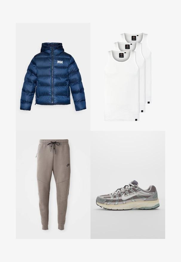 Navy puffer jacket with a zip front and hood. Made of shiny, quilted material, featuring horizontal stitching and a white logo on the chest.; Three white ribbed tank tops made of cotton. Features a crew neck and small black labels near the hem. Available in multiple sizes.; Gray Nike sweatpants with a drawstring waistband, tapered legs, side pockets, and distinct seam detailing. Soft, textured fabric.; Gray athletic shoe featuring a mesh and suede upper, white accents, a cushioned sole, and a distinctive design with reflective elements.