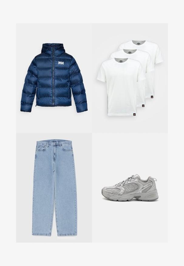 Marineblauer Pufferjacke mit Reißverschluss und Kapuze. Hergestellt aus glänzendem, gestepptem Material, mit horizontalen Nähten und einem weißen Logo auf der Brust.; Drei schlichte weiße Baumwoll-T-Shirts mit kurzen Ärmeln. Jedes Shirt hat einen runden Ausschnitt und ein kleines schwarzes Logotipo auf der linken Seite.; Hellblaue Jeans aus Denim mit geradem Bein, ausgestattet mit einer mittelhohen Taille, fünf Taschen sowie einem Knopf- und Reißverschluss.; Silberner Sportschuh mit schlankem Design, Mesh-Einsätzen, gepolstertem Schaft, strukturiertem Synthetik-Obermaterial und Gummisohle für Traktion.