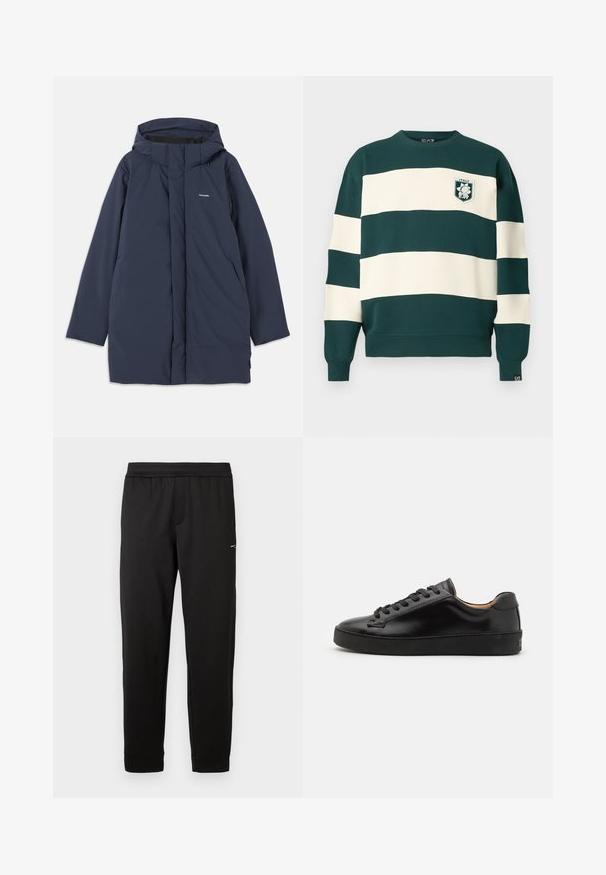 Tengerészkék vízálló parka dzseki kapucnival, elülső cipzárral, két oldalsó zsebbel és egy minimalista márkalogóval a mellrészen.; Sötétzöld és fehér csíkos, hosszú ujjú pulóver, az elején "Italy EA7" felirattal, a mandzsettán pedig egy kis EA7 címke található.; Fekete, rugalmas derékú melegítőnadrág, keskeny, tapered lábakkal és kis logóval a felső combon, fehér háttér előtt bemutatva.; Fekete bőr sneaker sima felülettel, kerek orral és fekete fűzőkkel. Minimalista logó található a sarokon, valamint gumitalpa van.