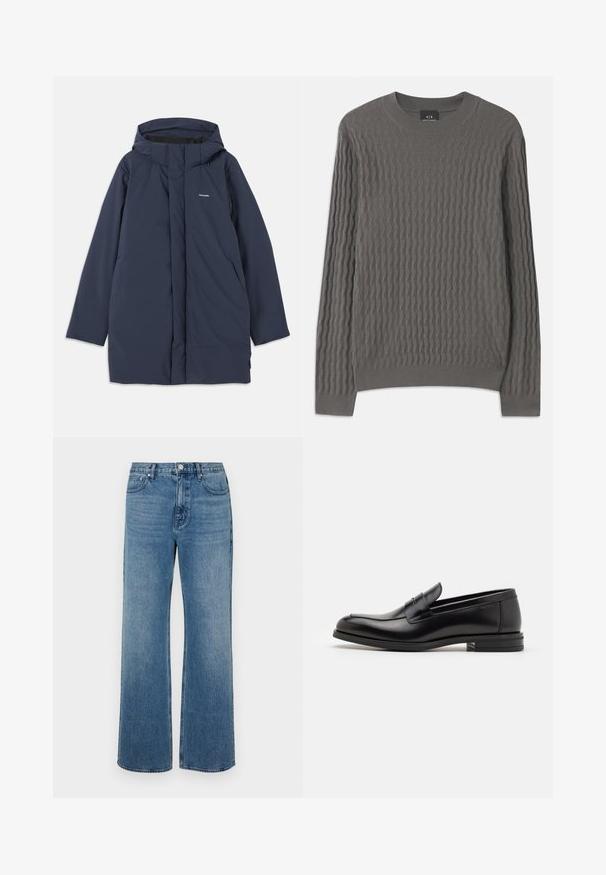 Námorně modrá nepromokavá parka s kapucí, obsahující přední zip, dvě boční kapsy a minimalistické logo značky na hrudi.; Armani Exchange Svetr - dark gull zig zag; Široké modré džíny vyrobené z denimu s vybledlým povrchem. Mají pět kapes, přední zapínání na knoflík a rovný střih.; Černé kožené polobotky s hladkou texturou, zaoblenou špičkou a zdobným páskem přes nárt. Nízký stohovaný podpatek, minimalistický design.