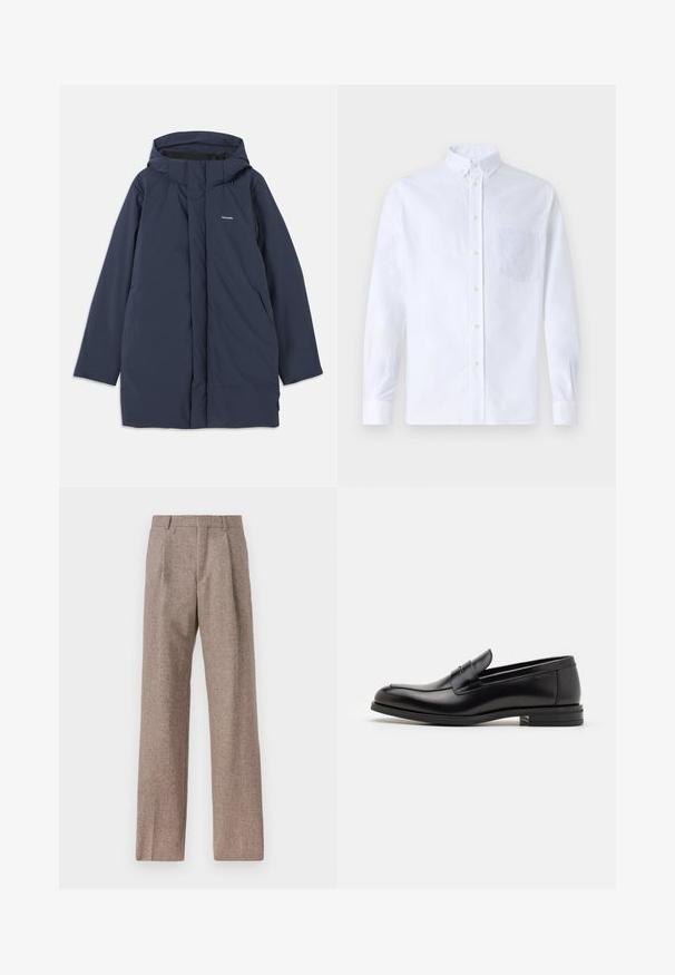 Giacca parka impermeabile di colore blu navy con cappuccio, dotata di una chiusura frontale a zip, due tasche laterali e un logo del brand minimale sul petto.; Camicia bianca a maniche lunghe con bottoni, realizzata in cotone, caratterizzata da una tasca sul petto con ricamo tonale, colletto e polsini con bottoni.; Pantaloni marroni a vita alta realizzati in tessuto testurizzato. Presentano gambe ampie e due pieghe frontali per struttura. Rifinitura curata senza hardware visibile.; Mocassini neri in pelle con una texture liscia, punta arrotondata e una striscia decorativa sulla tomaia. Tacco basso impilato, design minimalista.