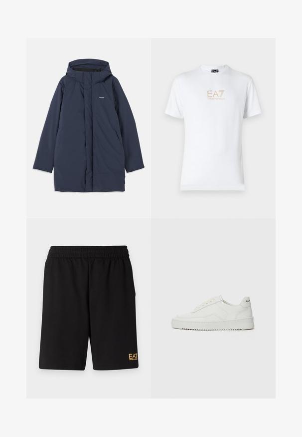 Mornarsko modra vodoodporna parka jakna s kapuco, zalogom spredaj, dvema stranskima žepoma in minimalnim logotipom blagovne znamke na prsih.; Bela bombažna majica s krožnim izrezom in kratkimi rokavi, s pozlačenim logotipom EA7 Emporio Armani natisnjenim spredaj.; Črne športne kratke hlače iz mehkega blaga, z elastičnim pasom in majhnim rumenim logotipom EA7 na spodnjem levem delu noge.; Bela usnjena športna obutev z gladko površino, okroglo prst, ravne vezalke in teksturiran podplat. Ima diskretno logo na peti.