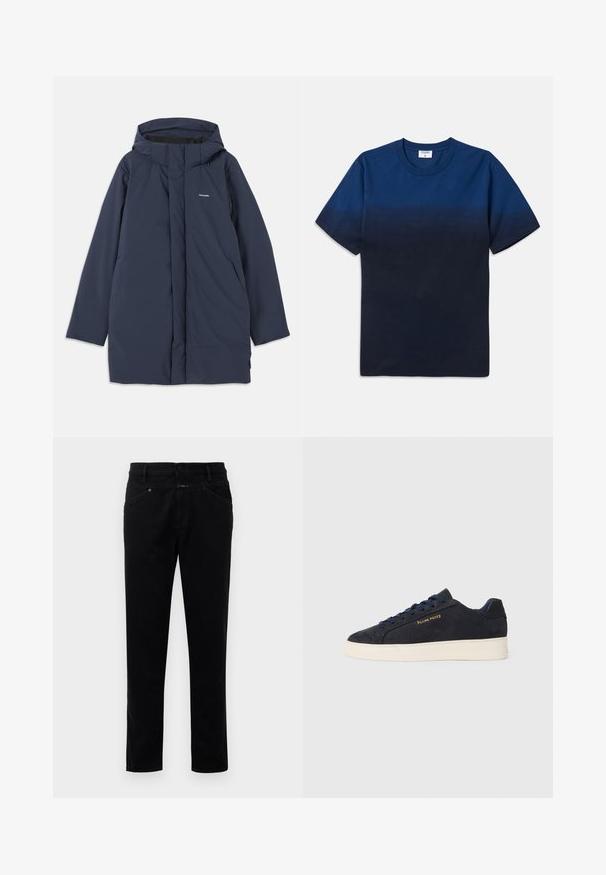 Tumši zilas krāsas ūdensizturīgs parka džemperis ar kapuci, kas piedāvā priekšējo rāvējslēdzēju, divas sānu kabatas un minimālu zīmola logotipu uz krūšu daļas.; Tums zila kokvilnas T-kreklu ar apaļu kaklu, īsām piedurknēm un izsmalcinātu gradientu dizainu, kas pāriet no gaišākām uz tumšākām nokrāsām.; Melnu denimu bikses ar taisnas kājas dizainu, kurām ir pogas aizdare, piecas kabatas un gluda tekstūra.; Navy zila zamšas zema augstuma kedas ar baltu zoli, navy krāsas auklām un "Filling Pieces" logo zeltā sānos.