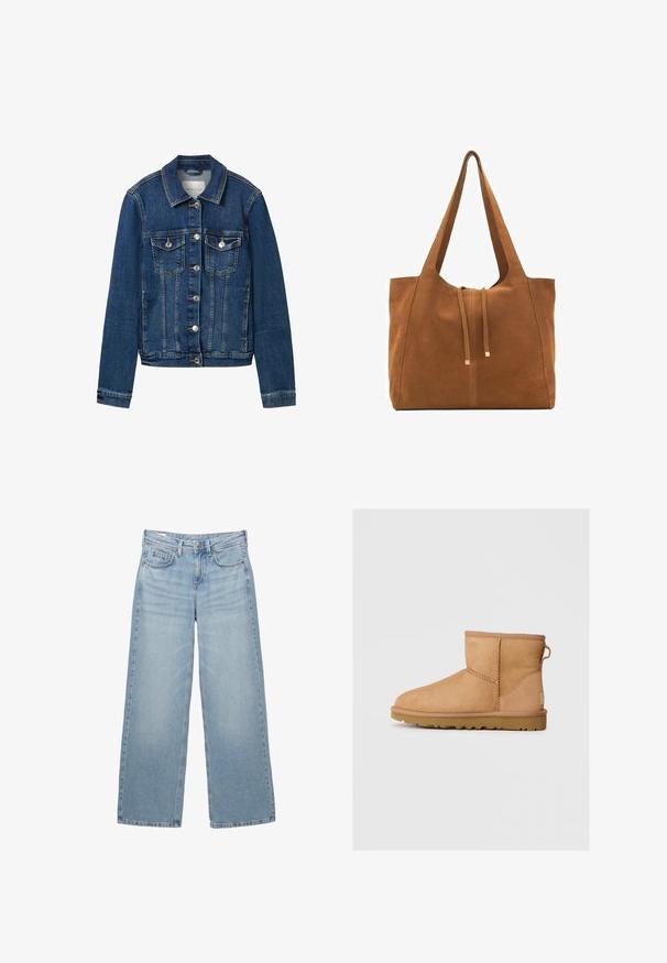 Giacca in denim di colore blu scuro, con colletto classico, chiusura frontale con bottoni, due tasche sul petto e dettagli di cucitura a contrasto.; Polo Ralph Lauren CABLE WOOL CASHMERE HALF ZIP SWEATER - Maglione - authentic cream; T-shirt bianco in cotone con maniche corte, scollo a girocollo e vestibilità comoda. Il materiale appare liscio senza motivi o grafiche visibili.; Jeans in denim azzurro chiaro a gamba larga con vita alta, cinque tasche e un lieve sbiadimento, dotati di un bottone metallico e passanti per la cintura.; Stivali ankle in suede color tan con punta tonda, dettagli cuciti, linguetta sul retro e suola in gomma texture. Progettati per comfort e calore.; Borsa a tracolla in suede marrone con due lunghe cinghie, chiusura con cordoncino e design minimalista. Texture liscia e senza elementi hardware visibili.