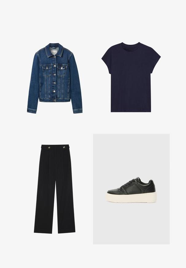 Denimjakke i mørkeblå, med klassisk krave, frontknaplukning, to brystlommer og kontrasterende syninger.; Mørkeblå bomulds t-shirt med rund halsudskæring og korte ærmer, i et afslappet snit og med en glat tekstur. Uden mønstre eller accenter.; Sorte vide bukser med høj talje, knapdetaljer på taljebåndet og frontfald.; Sorte lædersneakers med en glat tekstur, tykk cremede sål, rund tå og klassisk snøredesign. Subtile syninger.
