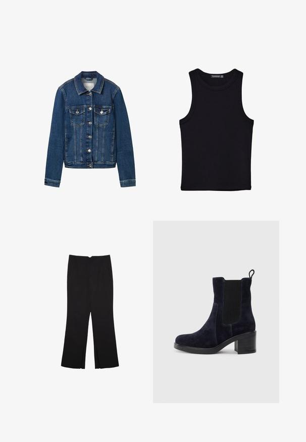 Denim jacket in dark blue, featuring a classic collar, front button closure, two chest pockets, and contrasting stitching details.; Black tank top made of cotton, featuring a round neckline and wide armholes. Smooth texture with stitched hems. Classic, minimalist design.; Black trousers with a straight fit, featuring front pockets and side slits at the hem. Made of soft, smooth fabric. Suitable for various occasions.; Navy blue suede ankle boot with elastic side panel, rounded toe, and block heel. Textured fabric and smooth sole add contrast.