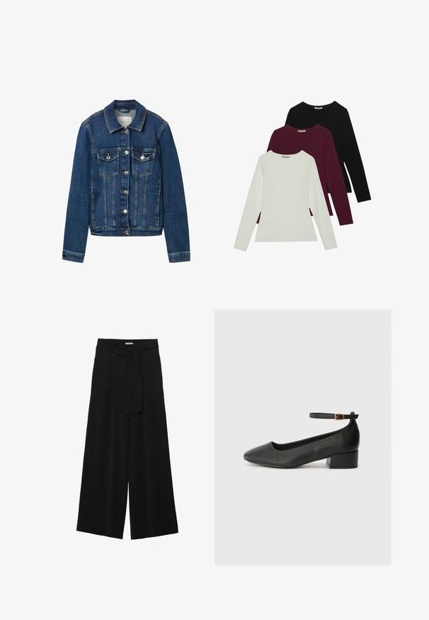 Jeans jakna v temno modri barvi, s klasičnim ovratnikom, sprednjim gumbom, dvema žepoma na prsih in kontrastnimi šivi.; Majice z dolgimi rokavi v beli, burgundski in črni barvi. Narejene so iz mehke tkanine, imajo okroglo izrez in prilegajoč kroj. Primerne so za plastenje.; Črne široke hlače iz teksturirane tkanine, z elastičnim pasom in odstranljivim trakom na pasu za prilagodljivo prileganje.; Črne usnjene pumpice z nazobčanimi prsti in nizko blokasto peto. Imajo trak okoli gležnja z zaponko v zlatem tonu. Gladka tekstura.