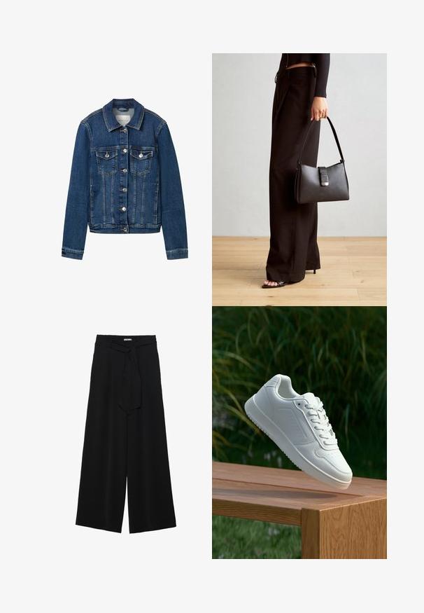 Jeansjakke i mørkeblå, med klassisk krage, frontknapplukking, to brystlommer og kontraststingdetaljer.; Langermede t-skjorter i hvit, burgunder og svart. Laget av myk stoff med rund hals og tettsittende design. Egnet for lag-på-lag-styling.; Svart vide bukser med teksturert stoff, elastisk midje og avtagbart belte som gir justerbar passform.; Hvite sneakers med en glatt syntetisk overdel, perforert tåboks, flate snørebånd og en teksturert såle, vist på en treflate.; Svart håndveske med strukturert form, jevn tekstur og metallisk lås. Kombinert med brede svarte bukser og sandaler med åpen tå på tregulv.