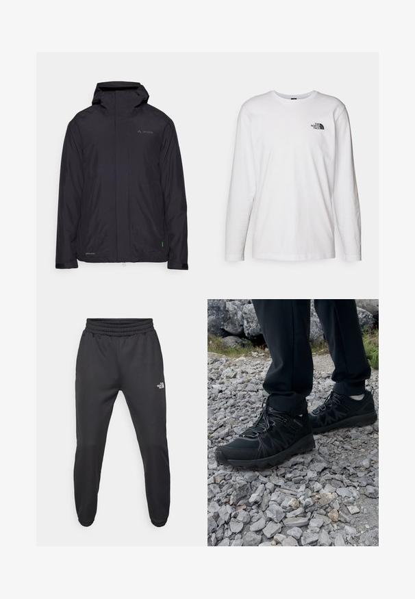 Černá voděodolná bunda s kapucí, zapínáním na zip a elastickými manžetami. Má zelený akcent na lemu a logo na hrudi.; Bílý dlouhý rukáv tričko vyrobené z bavlny s kulatým výstřihem. Na hrudi se nachází malé černé logo. Hladká textura, běžný střih.; Černé tepláky s nastavitelným pasem, zúženým střihem, elastickými manžetami a malým bílým logem na levém stehně, vyrobené z hladké tkaniny.; Černé venkovní boty z prodyšného a syntetického materiálu, s texturovaným svrškem, bezpečným šněrovacím systémem a robustní podrážkou, na skalnatém terénu.
