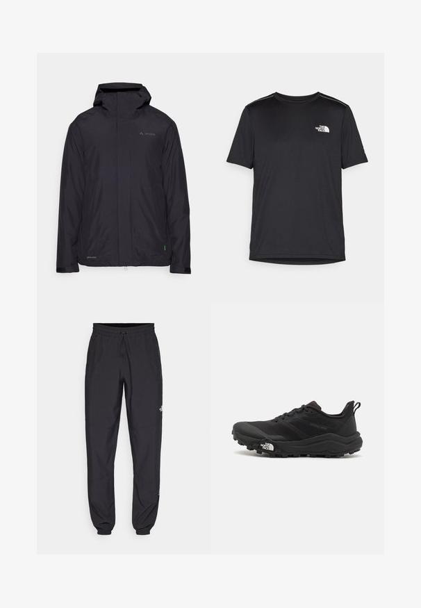 Juodas vandeniui atsparus džemperis su gobtuvu, užtrauktuku priekyje ir elastingomis rankogaliais. Yra žalia detalė apatinėje dalyje ir logotipas ant krūtinės.; Juodas trumpas rankovės marškinėliai, pagaminti iš lengvos medžiagos. Yra mažas baltas logotipas kairiajame krūtinės pusėje ir subtilūs pečių akcentai.; Juodos sportinės kelnės, pagamintos iš lengvos medžiagos, su raišteliu liemens srityje, šoniniais kišenėmis ir siaurėjantys apykaklės prie kulkšnies.; Juoda bėgimo batai su tekstūruotu paviršiumi, guma padais ir sustiprinta pirštų dalimi. Yra paminkštinta apykaklė ir kilpos, leidžiančios lengvai užsidėti.