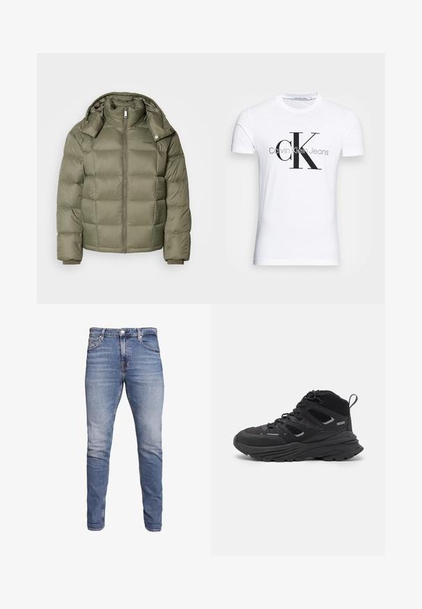 Geacă puffer de culoare verde măslin, cu fermoar frontal, guler înalt și glugă detașabilă. Are secțiuni matlasate și manșete elastice.; Tricou alb din bumbac, cu un logo negru "CK" și textul "Calvin Klein Jeans", cu mâneci scurte și un guler clasic rotund.; Jeans slim-fit de culoare albastră, cu cinci buzunare, spălare decolorată, închidere cu nasture și suport pentru curea, prezentate pe un fundal alb.; Pantofi de drumeție negri cu un design stratificat, material texturat și talpă din cauciuc, cu zone întărite și sistem de șireturi.