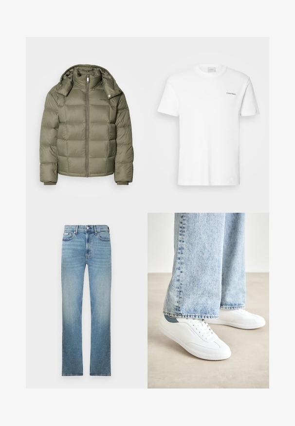 Jakna s punjenjem u maslinastoj boji s patentnim zatvaračem sprijeda, visokim ovratnikom i odvojivom kapuljačom. Ima kvadratne dijelove i elastične manžete.; Bijela pamučna majica kratkih rukava s okruglim izrezom. Ima mali crni logo "Calvin Klein" na lijevoj strani prsnog koša.; Svijetloplave traperice ravnog kroja, s pet džepova i izblijedjelim finišem. Imaju kopčanje na gumbe i petlje za remen.; Bijele tenisice od glatkog materijala, s vezivanjem, teksturiranom gumom potplatom i tirkiznim detaljem na peti, u kombinaciji s svijetloplavim trapericama.